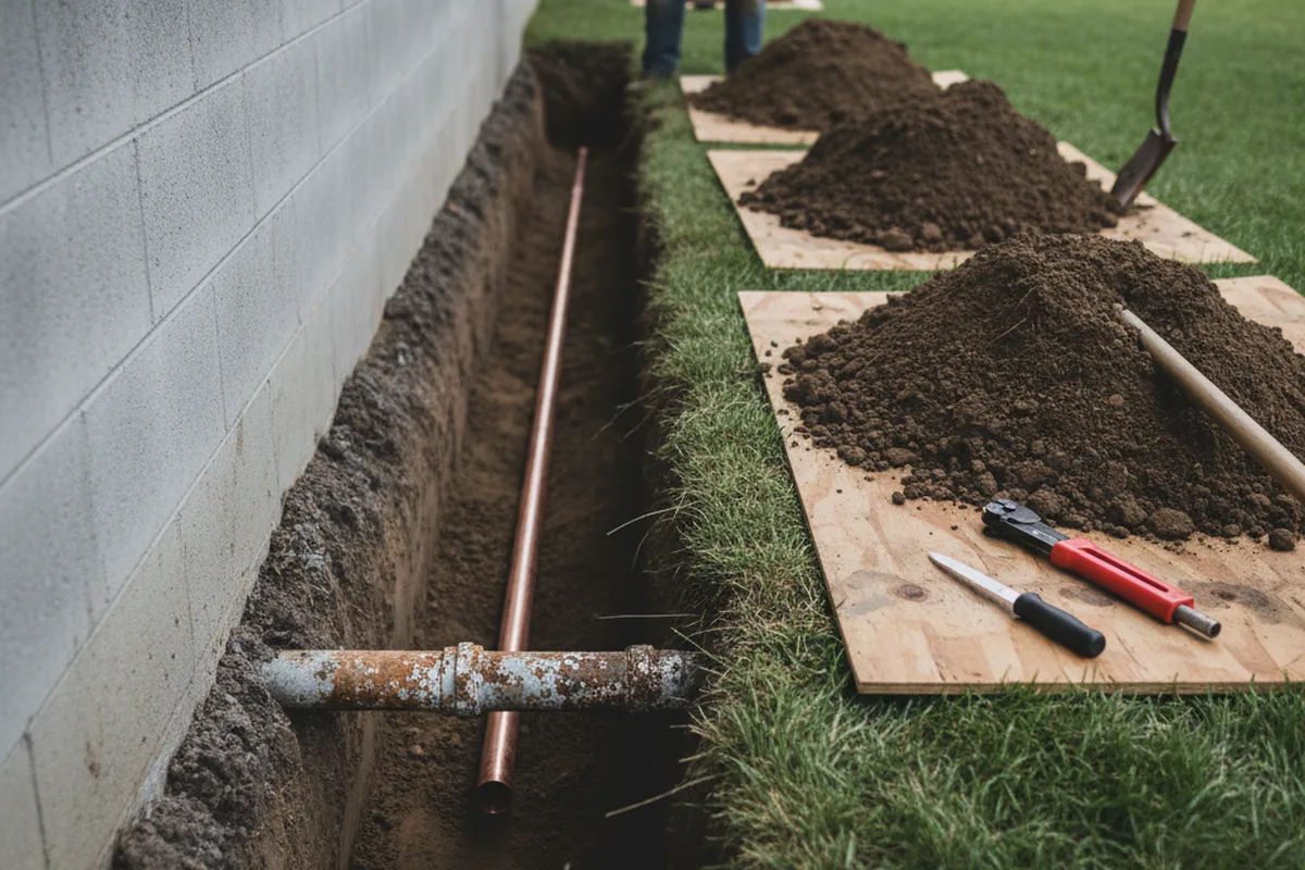 Excavated water line trench during Sewer Line Repair in Port Washington